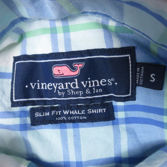 Vineyard Vines Shirt Mens Small Blue Plaid Slim Fit Whale Cotton Logo Button Up - Picture 4 of 8